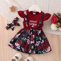 2pcs Baby Girl 95% Cotton Rib Knit Flutter-sleeve Letter Print Spliced Allover Floral Print Dress with Headband Set Red
