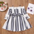 Toddler Girl Off Shoulder Floral Design Stripe Belted Long-sleeve Strap Dress Grey