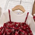 100% Cotton 2pcs Baby Red Floral Print Bowknot Ribbed Long-sleeve Splicing Dress Set Red