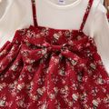 100% Cotton 2pcs Baby Red Floral Print Bowknot Ribbed Long-sleeve Splicing Dress Set Red