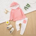 2pcs Baby Boy/Girl Solid Ribbed Long-sleeve Hooded Top and Trousers Set Pink image 1