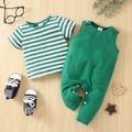 2pcs Baby Boy Striped Short-sleeve Tee and Solid Overalls Set Green