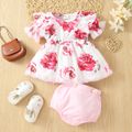 2pcs Baby Girl All Over Floral Print Lace Ruffle Puff Sleeve Dress and Solid Shorts Set Light Pink image 1