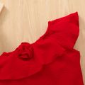 2pcs Baby Girl Solid One Shoulder Sleeveless Ruffle Top and 100% Cotton Ripped Denim Shorts Set Red