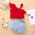2pcs Baby Girl Solid One Shoulder Sleeveless Ruffle Top and 100% Cotton Ripped Denim Shorts Set Red