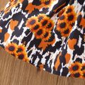 2pcs Baby Girl Letter Print Black Ruffle Splicing Sunflower Leopard Print Puff-sleeve Dress with Headband Set Black