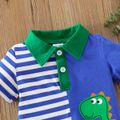 Baby Boy Cartoon Dinosaur Print Contrast Collar Striped Short-sleeve Romper Blue
