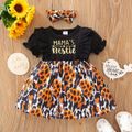 2pcs Baby Girl Letter Print Black Ruffle Splicing Sunflower Leopard Print Puff-sleeve Dress with Headband Set Black