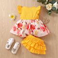 2pcs Baby Girl 95% Cotton Flutter-sleeve Splicing Floral Print Bowknot Top and Layered Ruffle Shorts Set Yellow