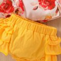2pcs Baby Girl 95% Cotton Flutter-sleeve Splicing Floral Print Bowknot Top and Layered Ruffle Shorts Set Yellow