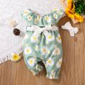 2pcs Baby Girl All Over Daisy Floral Print Ruffle Lace Belted Sleeveless Jumpsuit with Headband Set Green