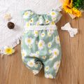 2pcs Baby Girl All Over Daisy Floral Print Ruffle Lace Belted Sleeveless Jumpsuit with Headband Set Green image 2