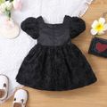 Baby Girl Black Floral Textured Puff-sleeve Bowknot Party Dress Black