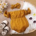 2pcs Baby Girl Brown Lace Puff-sleeve Off Shoulder Strapless Romper with Headband Set Brown