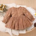 Baby Girl Brown Long-sleeve 3D Flower Decor Embroidered Mesh Party Dress Brown