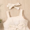 100% Cotton 2pcs Baby Girl Solid Floral Embroidered Sleeveless Spaghetti Strap Bowknot Jumpsuit with Headband Set Champagne