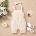 100% Cotton 2pcs Baby Girl Solid Floral Embroidered Sleeveless Spaghetti Strap Bowknot Jumpsuit with Headband Set Champagne