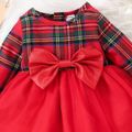 Christmas Baby Girl Red Plaid Long-sleeve Spliced Bow Front Mesh Party Dress Red