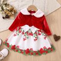 Christmas 2pcs Baby Girl Red Velvet Spliced Floral Embroidered Mesh Tank Dress and Cardigan Set Red image 1