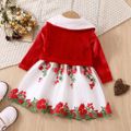 Christmas 2pcs Baby Girl Red Velvet Spliced Floral Embroidered Mesh Tank Dress and Cardigan Set Red image 3