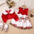 Christmas 2pcs Baby Girl Red Velvet Spliced Floral Embroidered Mesh Tank Dress and Cardigan Set Red image 2