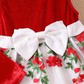 Christmas 2pcs Baby Girl Red Velvet Spliced Floral Embroidered Mesh Tank Dress and Cardigan Set Red image 4