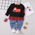 2pcs Toddler Boy Playful Denim Jeans and Faux-two Vehicle Print Sweatshirt Set Black image 1