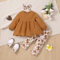 3pcs Baby Girl Long-sleeve Solid Embroidered Scallop Edge Hem Top and Floral Print Leggings & Headband Set Brown image 1