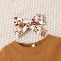 3pcs Baby Girl Long-sleeve Solid Embroidered Scallop Edge Hem Top and Floral Print Leggings & Headband Set Brown image 3