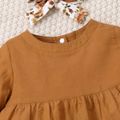3pcs Baby Girl Long-sleeve Solid Embroidered Scallop Edge Hem Top and Floral Print Leggings & Headband Set Brown image 4