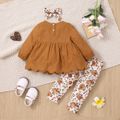 3pcs Baby Girl Long-sleeve Solid Embroidered Scallop Edge Hem Top and Floral Print Leggings & Headband Set Brown image 2