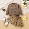 2pcs Baby Girl Long-sleeve Letter Graphic Sweatshirt and Leopard Print Mesh Skirt Set Brown image 1
