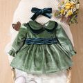 2pcs Baby Girl Contrast Peter Pan Collar Long-sleeve Velvet Party Dress with Headband Set Green image 1
