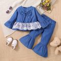 2pcs Toddler Girl Sweet Lace Design Bowknot Denim Tee and Flared Pants Set Blue image 1
