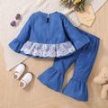 2pcs Toddler Girl Sweet Lace Design Bowknot Denim Tee and Flared Pants Set Blue image 2