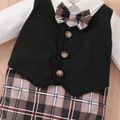 Baby Boy Plaid Bow Tie Waistcoat Faux-two Long-sleeve Jumpsuit Party Outfit Black image 4