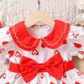 Valentine's Day 2pcs Baby Girl Allover Heart Print Peter Pan Collar Puff-sleeve Bow Front Dress with Headband Set Red image 4