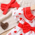 2pcs Baby Girl Allover Heart Print Peter Pan Collar Puff-sleeve Bow Front Dress with Headband Set Red image 3