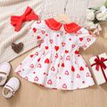 2pcs Baby Girl Allover Heart Print Peter Pan Collar Puff-sleeve Bow Front Dress with Headband Set Red image 2