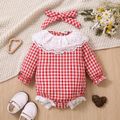 2pcs Baby Girl Lace Collar Gingham Pattern Long-sleeve Romper & Headband Set Red image 1