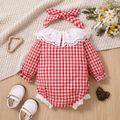 2pcs Baby Girl Lace Collar Gingham Pattern Long-sleeve Romper & Headband Set Red image 2