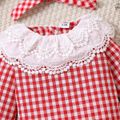 2pcs Baby Girl Lace Collar Gingham Pattern Long-sleeve Romper & Headband Set Red image 4
