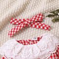 2pcs Baby Girl Lace Collar Gingham Pattern Long-sleeve Romper & Headband Set Red image 3