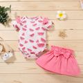 2pcs Watermelon Allover Ruffle and Bow Decor Short-sleeve Pink Baby Set Pink image 1
