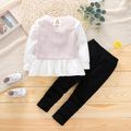 2-piece Toddler Girl Plaid Ruffle Hem Colorblock Long-sleeve Top and Black Pants Set Light Pink