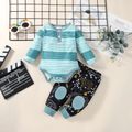 Baby 2pcs Cotton Stripe Long-sleeve Romper and Graphic Print Trouser Set Light Green