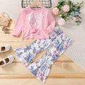 2-piece Toddler Girl Letter Print Twist Front Long-sleeve Pink Top and Floral Print Flared Pants Set Pink