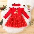 Baby 2pcs Christmas Deer Golden Glitter Red Long-sleeve Mesh Dress Set Red