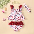 Christmas 3pcs Baby All Over Reindeer Print Splicing Leopard Ruffle Sleeveless Swimwear Set Red