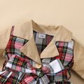 Plaid Splicing Lapel Button Down Belted Long-sleeve Baby Blazer Dress Pale Yellow